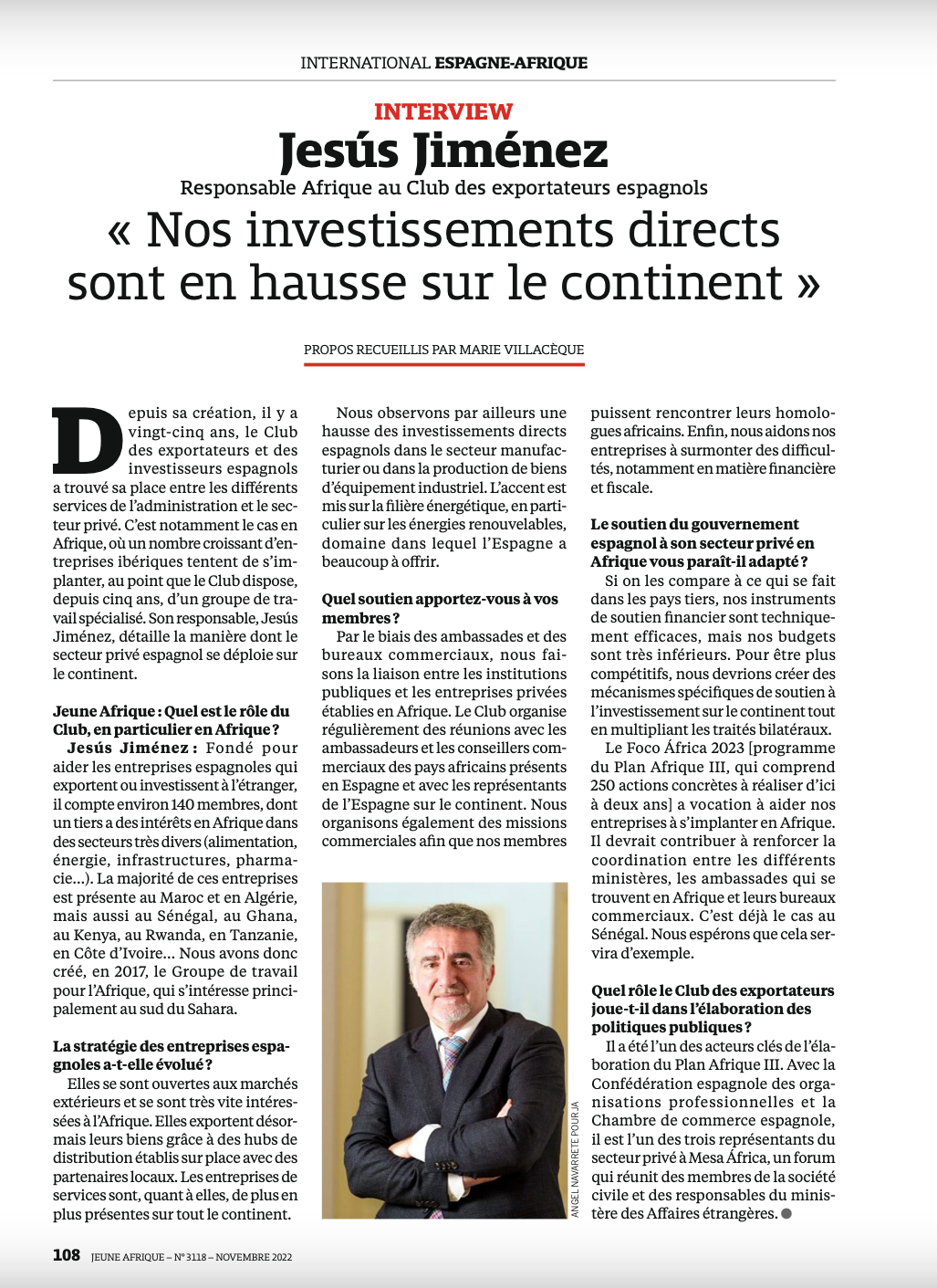 Jesús Jiménez, CEO of FOCE, for Le Jeune Afrique: ´Specific mechanisms should be created to support foreign investment in Africa and bilateral treaties should be multiplied´.